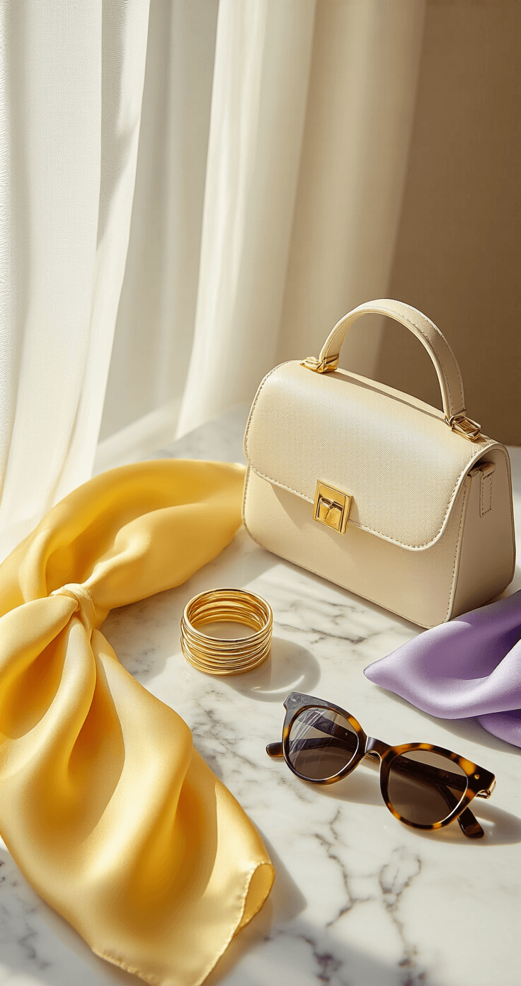 Bright studio setting with sheer curtains filtering morning light, featuring a flat lay of delicate gold rings on a marble surface alongside butter yellow and lavender silk scarves, a cream leather structured mini bag, and tortoiseshell sunglasses, arranged with casual intent and soft shadows.