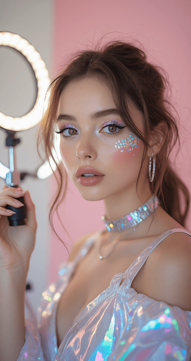 Close-up of a content creator in a chic home studio, showcasing a hybrid gaming-fashion look with holographic face gems, pixel-inspired makeup, and chrome neon tech-wear accessories, set against a pastel pink backdrop with ring lights and natural afternoon light.