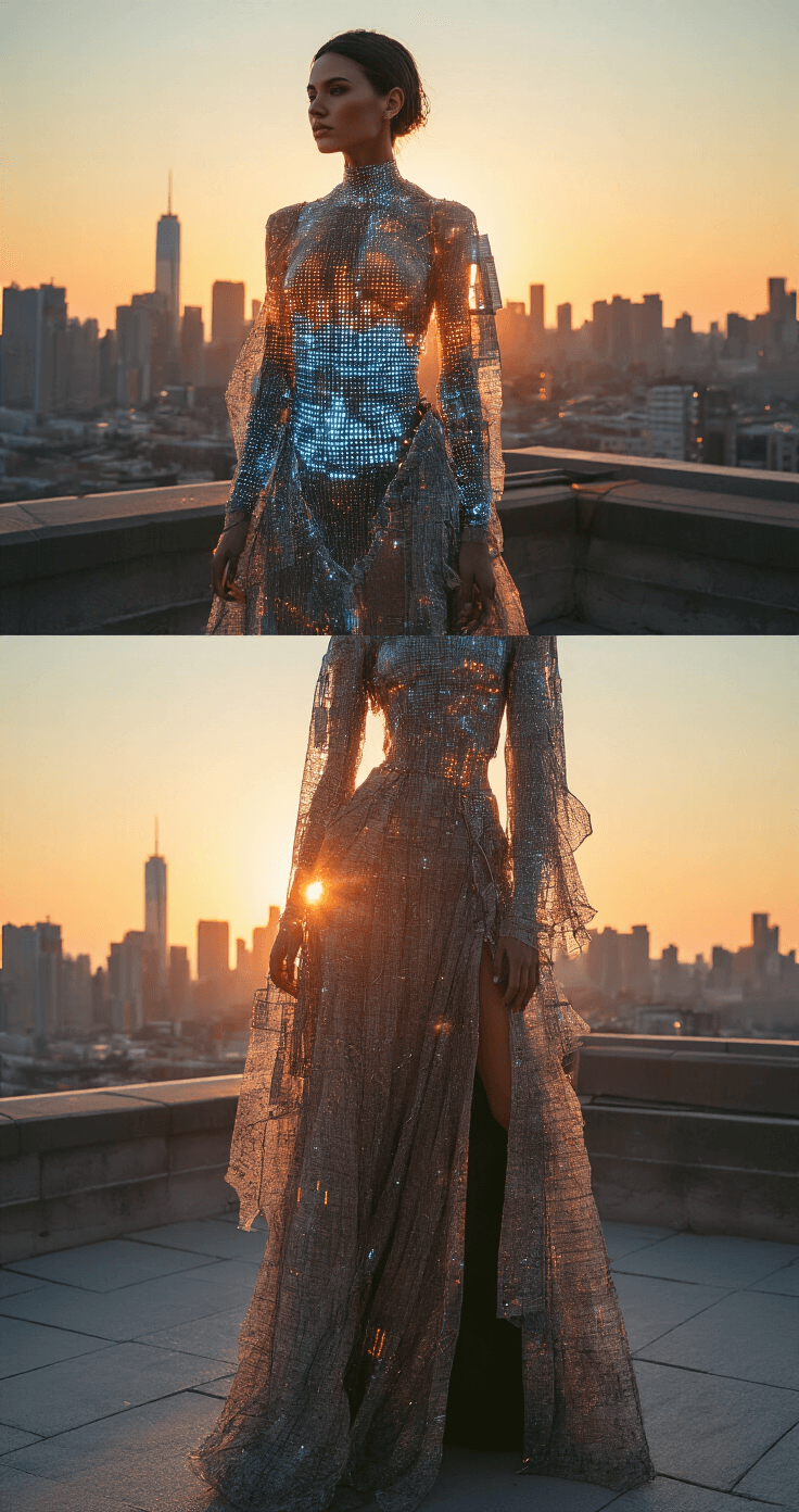 A model poses on a sunset-lit rooftop with a city skyline behind, showcasing a hybrid outfit that blends physical and digital elements, including crystalline structures and flowing fabrics with pixel effects, illuminated by glowing accessories. The image captures the ethereal ambiance of magic hour with natural lens flare, shot with a 50mm prime lens for an editorial look.