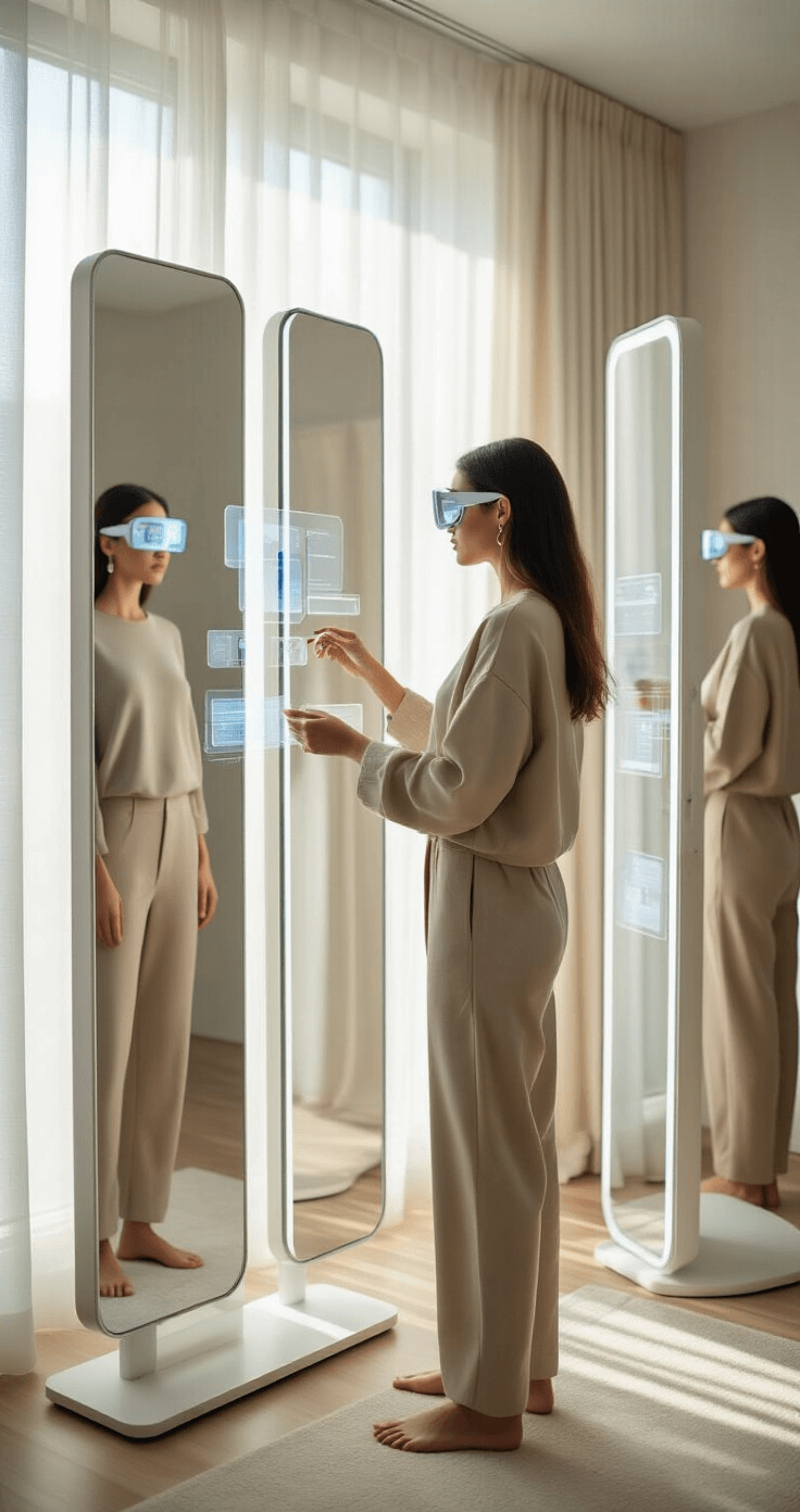 A modern dressing room featuring smart mirrors and holographic displays, showcasing a fashion creator experimenting with augmented reality accessories over a neutral-toned outfit. Morning light filters softly through sheer curtains, enhancing the contemporary atmosphere.