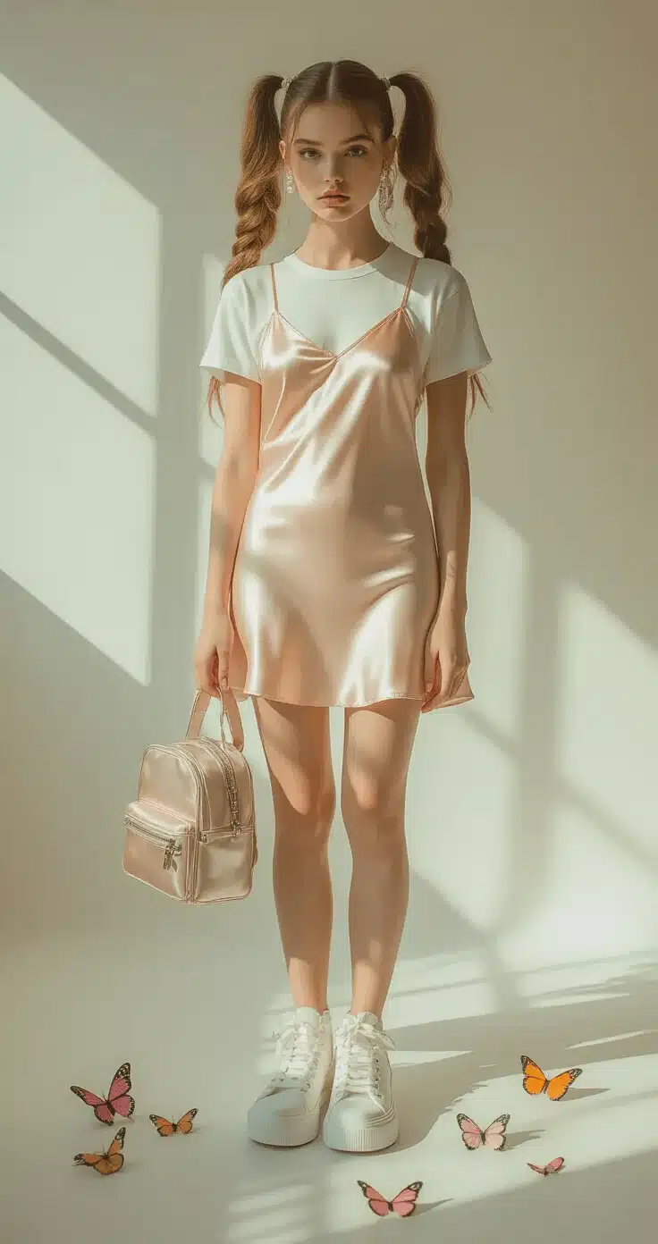 A model in a pastel pink satin slip dress layered over a white baby tee and chunky white platform sneakers poses in a minimalist white studio space, bathed in soft morning light. Her hair is styled in high pigtails adorned with pearl accessories, and she carries a metallic mini backpack, while scattered butterfly clips add whimsical touches. The image is captured straight-on with a soft focus background, showcasing editorial fashion quality.
