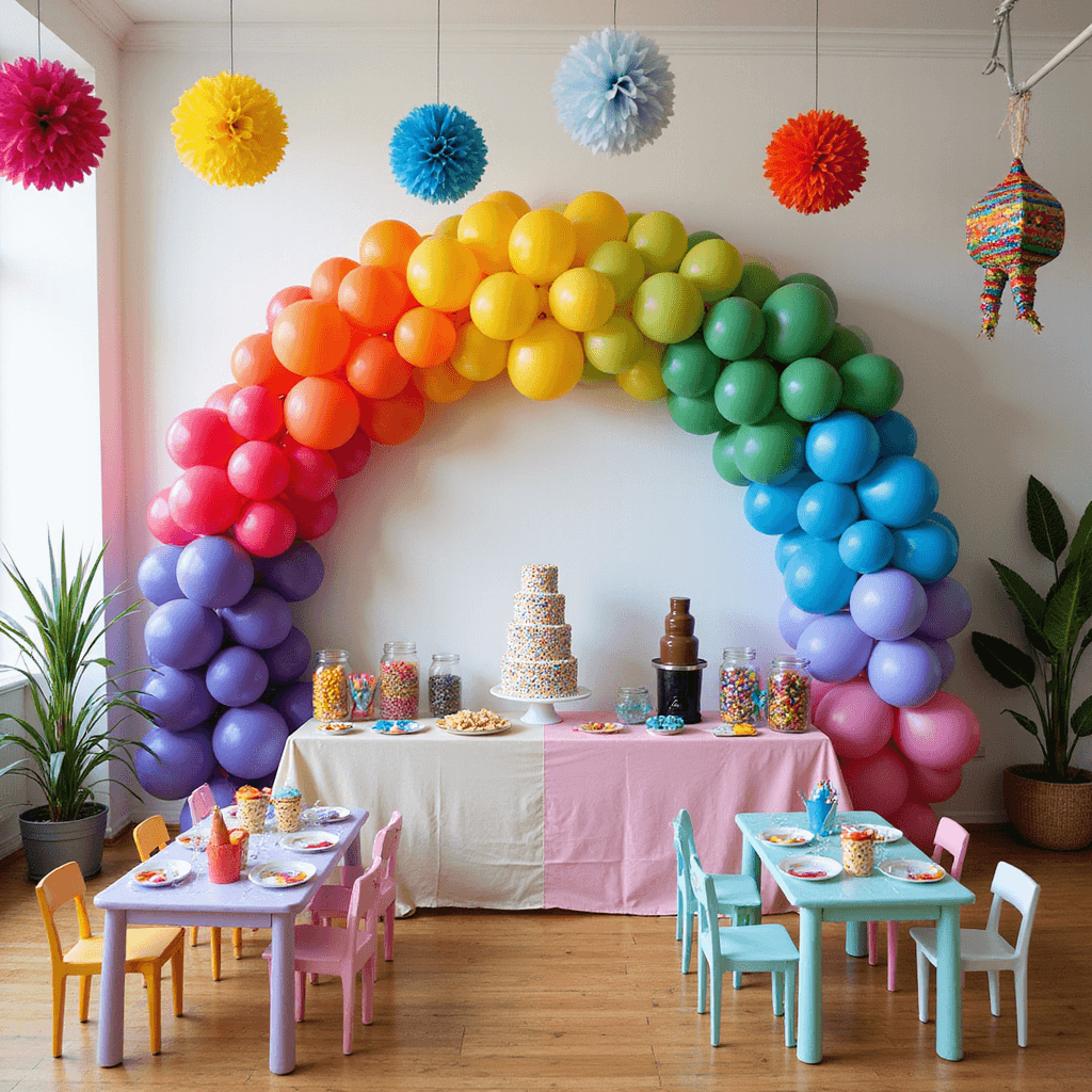 A vibrant children's birthday party in a modern apartment featuring an ombre balloon arch, a towering funfetti cake at a dessert station, colorful candy jars, low tables with primary-colored plates, DIY party hats, tissue paper pom-poms, and a custom piñata, all infused with playful energy.