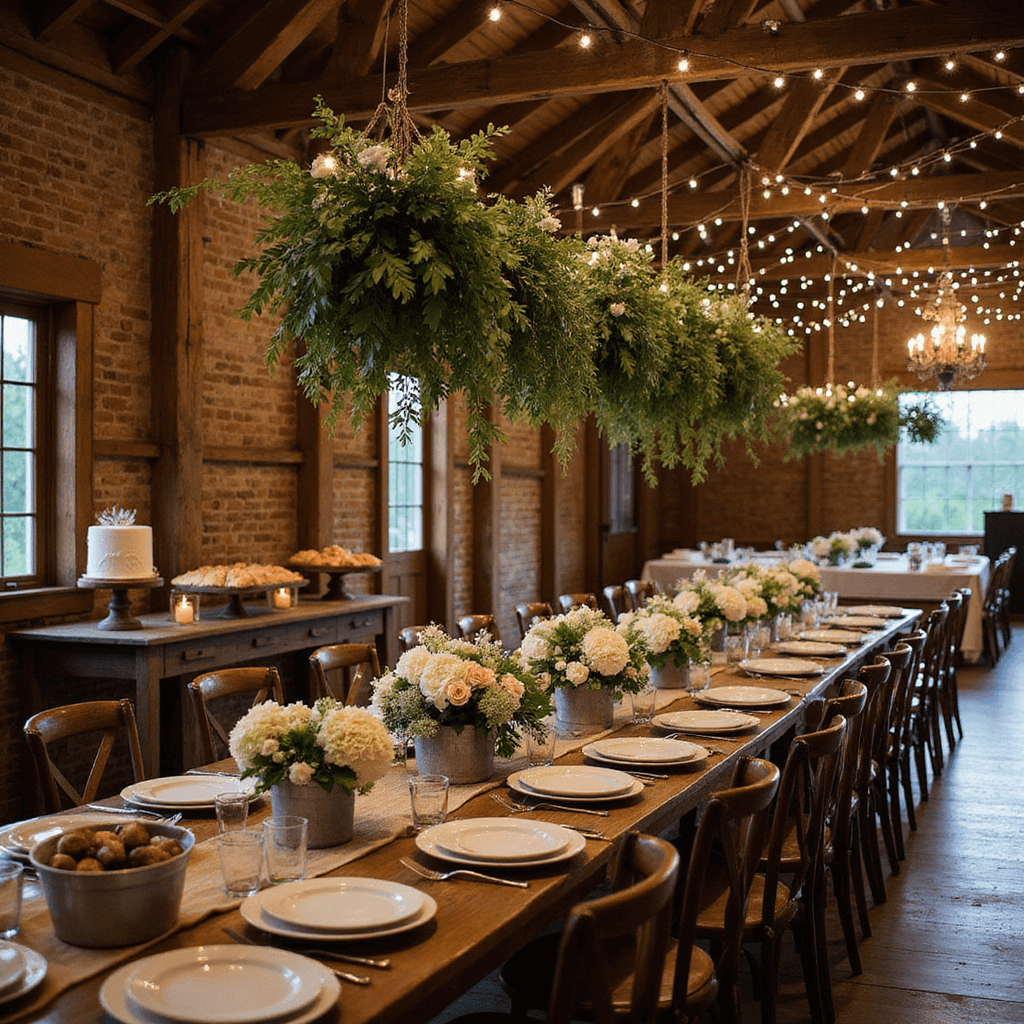 A rustic-chic barn wedding reception at twilight, featuring exposed wooden beams draped with greenery and fairy lights, long farm tables with elegant place settings and lush centerpieces, warm candlelight from mason jars, and a dessert table with a naked cake and pies, all captured from an elevated angle.