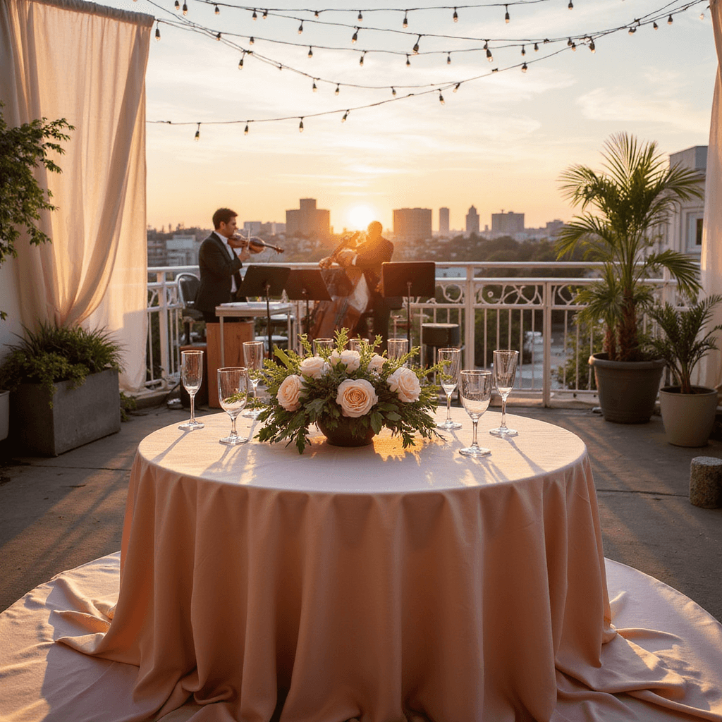 A romantic rooftop terrace set for an anniversary dinner, featuring a round table with blush silk linens, a lush centerpiece of pale pink peonies and eucalyptus, vintage crystal champagne flutes, and crisscrossing fairy lights. A small orchestra is preparing in the background against a cityscape at sunset.