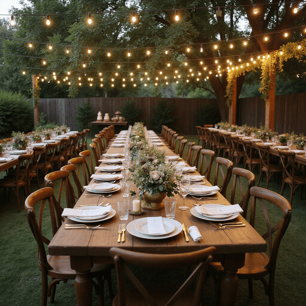 Enchanting backyard anniversary celebration with rustic wooden tables under twinkling lights, mismatched vintage chairs, elegant table settings, wildflower centerpieces, and a dessert cart with tiered cakes, all bathed in soft evening light.