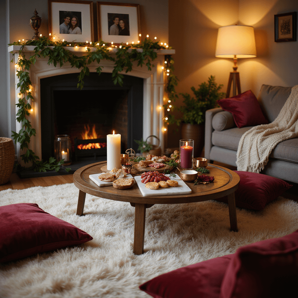 A warm and intimate anniversary living room setup with a plush cream rug, low table adorned with a charcuterie spread, flickering candles, velvet floor cushions in jewel tones, and a cozy fireplace mantel featuring framed couple photos, all illuminated by soft lamp light and string lights.