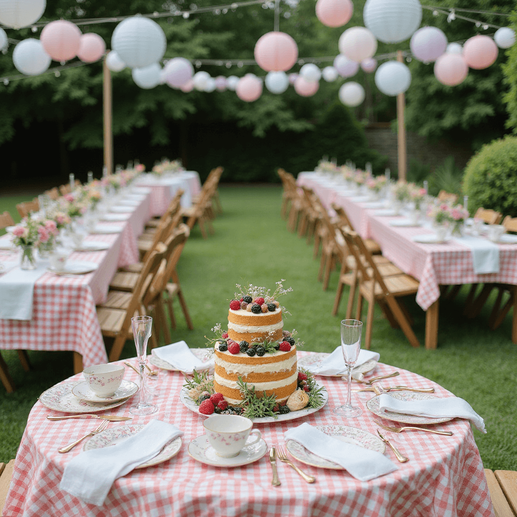 A whimsical garden party scene with picnic tables draped in gingham cloths, decorated with pastel balloons and paper lanterns. Vintage teacups filled with wildflowers sit at each place setting, accompanied by mismatched china plates and rose gold cutlery. A dessert table features a tiered naked cake topped with fresh berries and edible flowers, all illuminated by bright natural light.