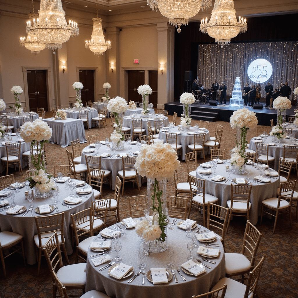 Opulent ballroom for a 25th anniversary gala, featuring round tables with silver linens, white orchid centerpieces, mirrored chargers, and personalized silver favors, highlighted by a grand ice sculpture and champagne tower, with a live band on a twinkling light stage, captured from an elevated angle.