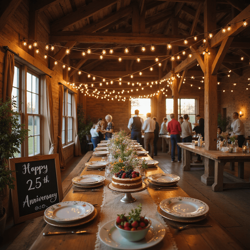 A rustic barn wedding anniversary celebration scene at golden hour, featuring string lights illuminating long wooden tables with burlap runners, mason jar wildflower centerpieces, and vintage china. Guests gather near a dessert table with a naked cake topped with fresh berries, while a chalkboard sign reads 'Happy 25th Anniversary' in elegant calligraphy, all set against the cozy backdrop of weathered wood and exposed beams.