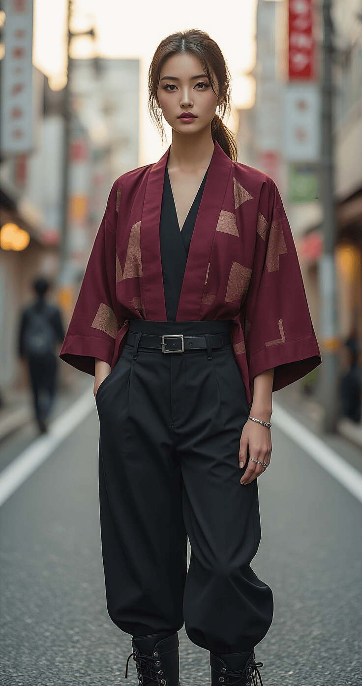 A model in a modern haori-inspired burgundy jacket and tailored black pants stands in Tokyo's fashion district during golden hour, with sunlight illuminating the fabric textures, paired with leather combat boots and minimal accessories.