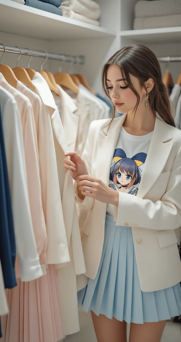 A fashion influencer in a bright, airy walk-in closet, browsing through an organized anime-inspired collection, featuring a structured white blazer with sailor details, pastel pleated skirts, and graphic tees, with a close-up of hands exploring various fabric textures under soft ambient lighting.