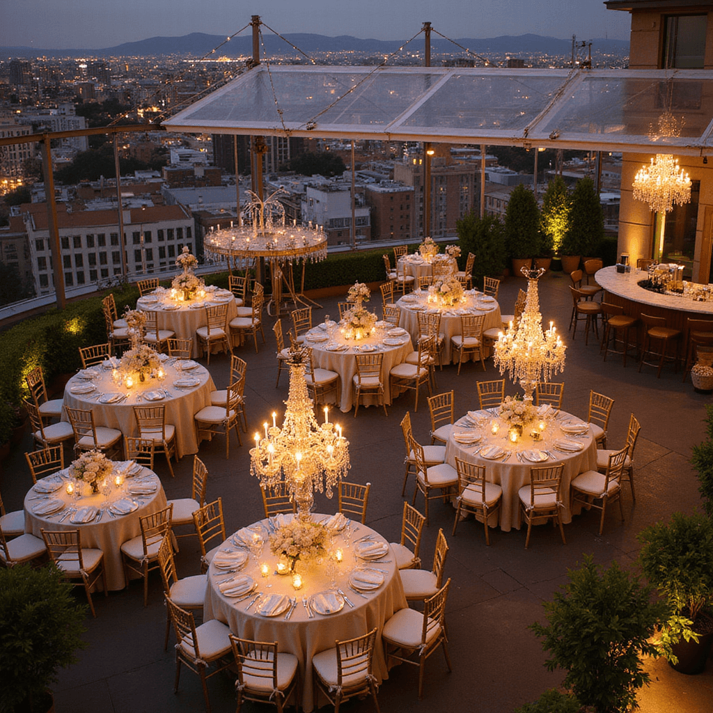 Elegant rooftop terrace anniversary party at twilight, featuring round tables with champagne silk linens, gold Chiavari chairs, crystal chandeliers, blush and cream floral centerpieces, a marble-topped bar, and a string quartet, with city lights twinkling in the background.