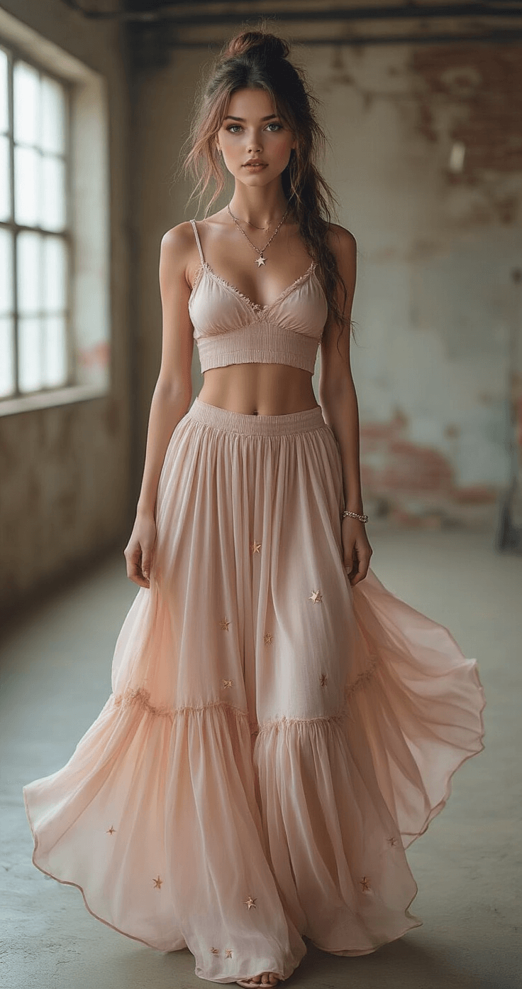 A model poses in a modern studio featuring industrial elements, wearing a casual-chic magical girl outfit that includes a layered blush pink chiffon skirt, a fitted crop top with moon motifs, and delicate star-themed jewelry. Her hair is styled in loose waves with small space buns. The image captures multiple angles, showcasing the movement and flow of the fabrics in natural lighting with subtle rim lighting.