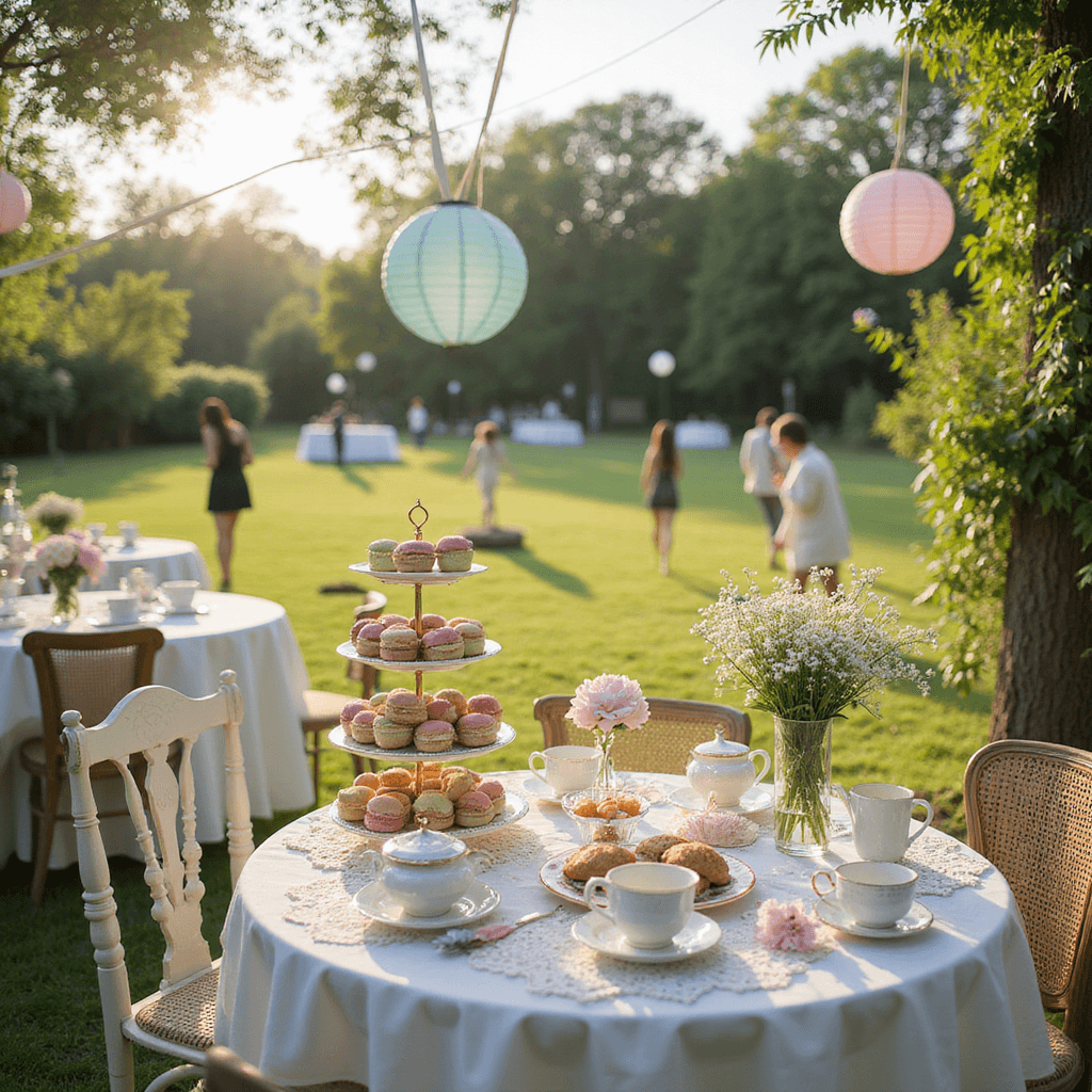 A whimsical garden tea party for a 10th anniversary, featuring a dessert cart with pastel macarons, delicate teacups, and a tiered cake, surrounded by mismatched vintage chairs and low tables adorned with lace doilies and flower posies, with guests playing croquet in the background under hanging lanterns and streamers.