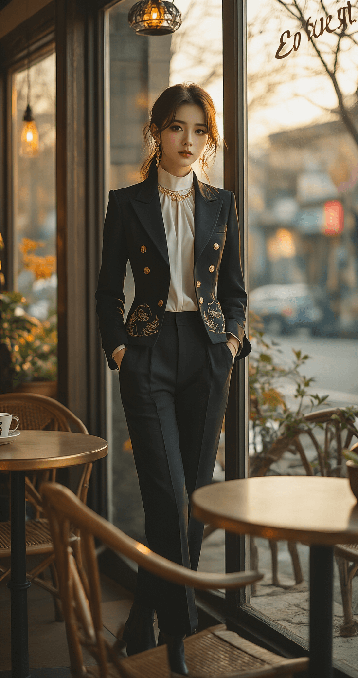 A fashion blogger in a stylish black jacket with subtle patterns, high-neck white blouse, tailored pants, and ankle boots sits in a cozy café corner during magic hour, framed by the café window. Minimal gold accessories complement the demon slayer aesthetic, while the warm, cinematic color grading enhances the atmospheric setting.