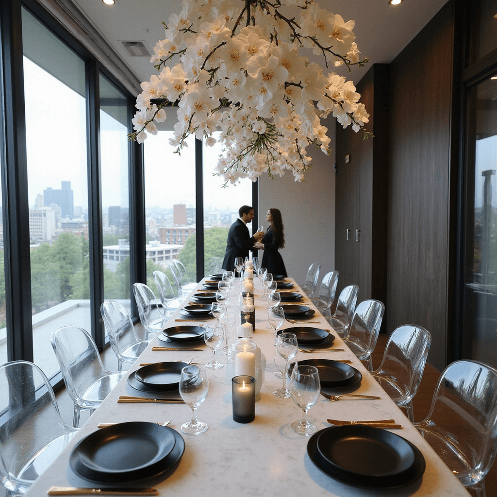 A luxurious minimalist anniversary dinner in a modern apartment, featuring a long marble dining table with city views, matte black plates, gold cutlery, ghost chairs, a cascading floral installation of white orchids, and candles of varying heights, as a couple toasts in the foreground celebrating 5 years of marriage.