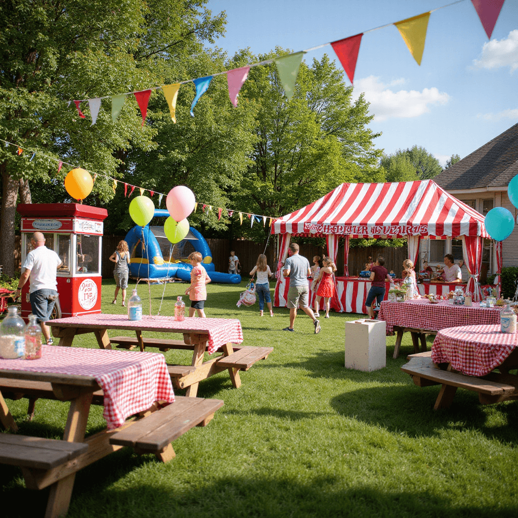 A vibrant backyard carnival-themed anniversary celebration featuring a red and white striped tent, picnic tables with gingham tablecloths, bright balloons, a popcorn machine, and a cotton candy stand. Children play on a bounce house while adults engage in lawn games, all under a 'Celebrate 15 Years' banner in a festive midday setting.