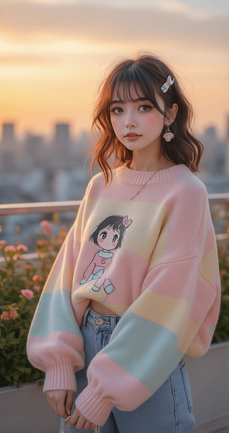 A model in a pastel oversized sweater and high-waist mom jeans poses in a contemporary rooftop garden at sunset, with soft waves in her hair adorned with cute clips. The urban backdrop contrasts with her kawaii style, enhanced by golden hour lighting and shallow depth of field.