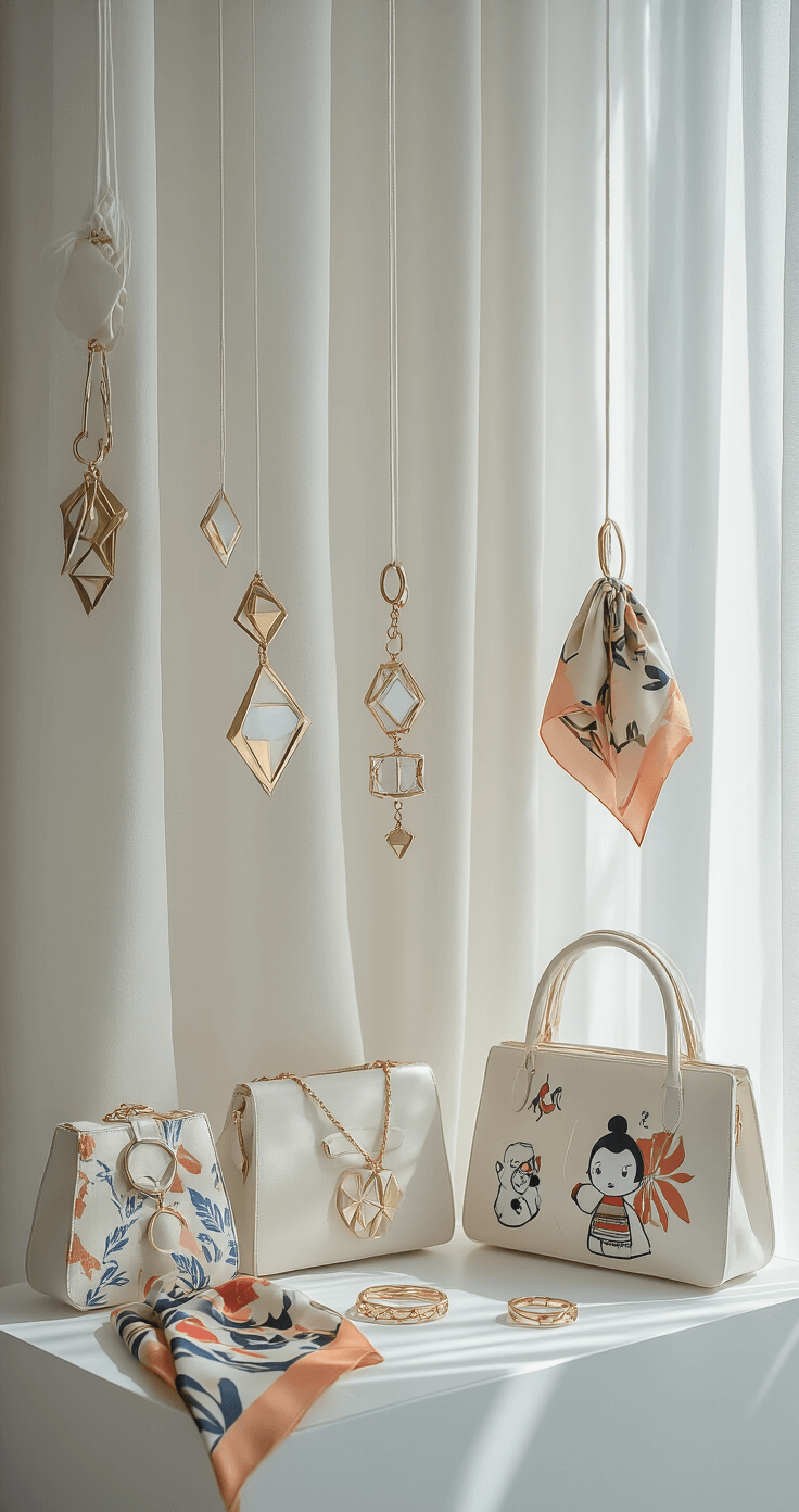 Close-up of modern anime-inspired accessories in a minimalist white studio, featuring geometric jewelry, patterned silk scarves, character motif bags, and elegant hair accessories, artistically arranged on clean surfaces with soft, diffused lighting highlighting textures.