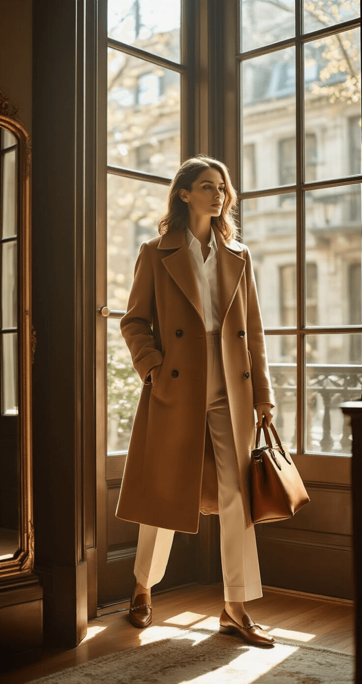 A woman in a camel MaxMara coat and white Ralph Lauren shirt stands by a vintage mirror in a sunlit Boston brownstone entryway, showcasing the elegant tailoring of her outfit and a Hunting Season leather tote nearby.