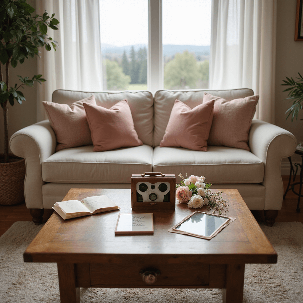 A cozy living room in soft morning light, featuring a styled coffee table with a personalized reel viewer, vintage photographs, paper flowers, and a handwritten love letter, with warm tones and blush pink accents, viewed from a low angle.