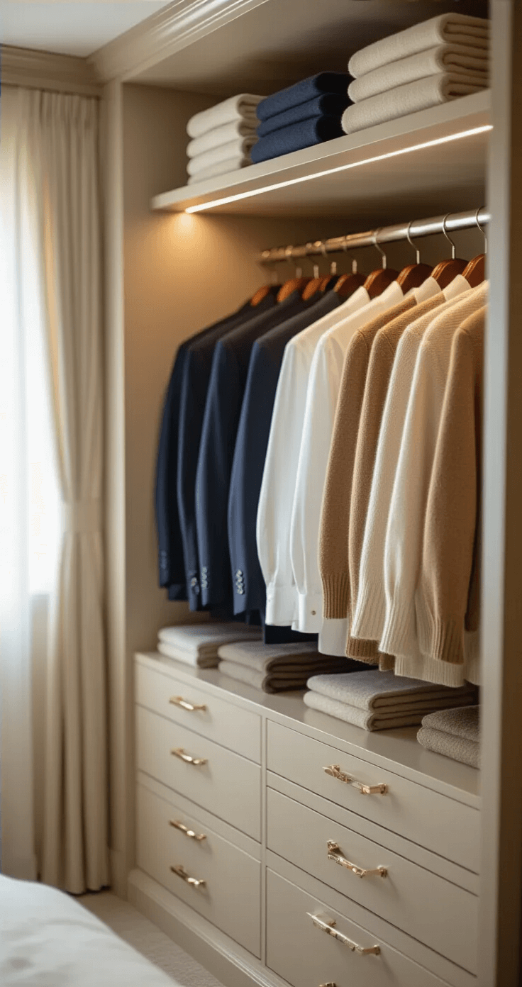 Interior of a luxurious walk-in closet showcasing a curated selection of neatly organized neutral blazers in navy and beige, pressed white shirts, and cashmere sweaters in cream and camel, all illuminated by warm ambient lighting and soft morning light filtering through sheer curtains.
