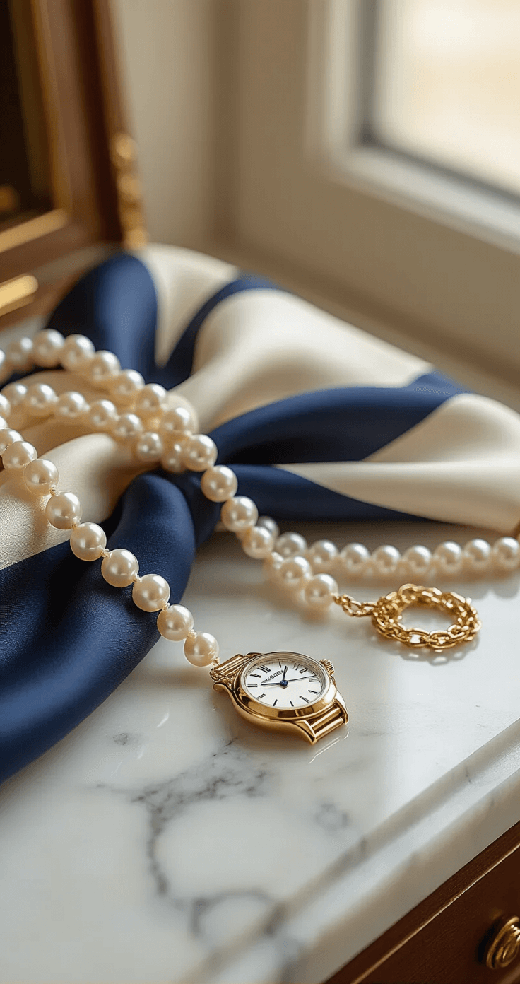 Close-up detail of classic accessories on a marble vanity, featuring a vintage Cartier tank watch, single-strand Mikimoto pearls, a silk Hermès scarf in navy and cream, and a gold vermeil paper clip chain necklace, with a softly blurred backdrop of an elegant dressing room.