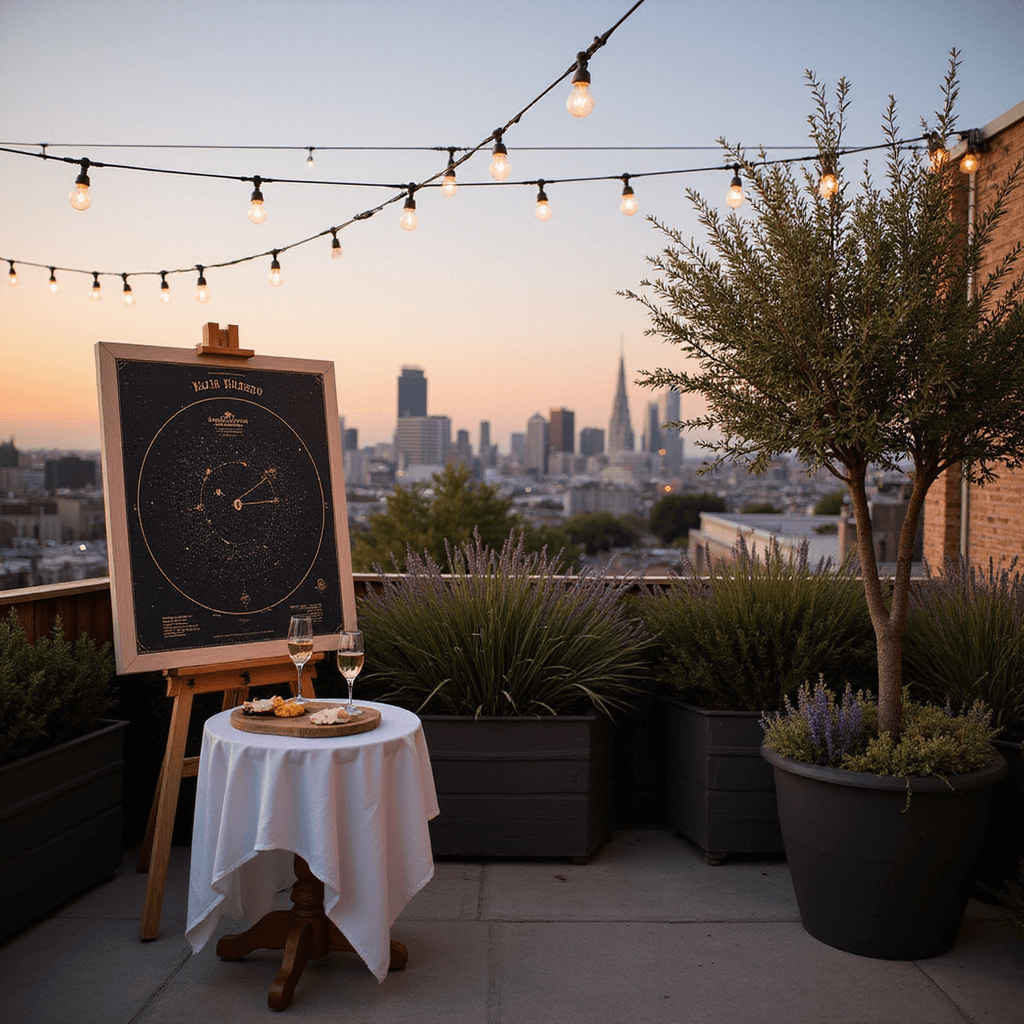 An elegant rooftop terrace at golden hour featuring a custom star map on an easel, warm string lights overhead, a bistro table with champagne flutes and a cheese board, surrounded by potted olive trees and lavender, with a stunning cityscape backdrop and a couple's silhouette against the horizon.