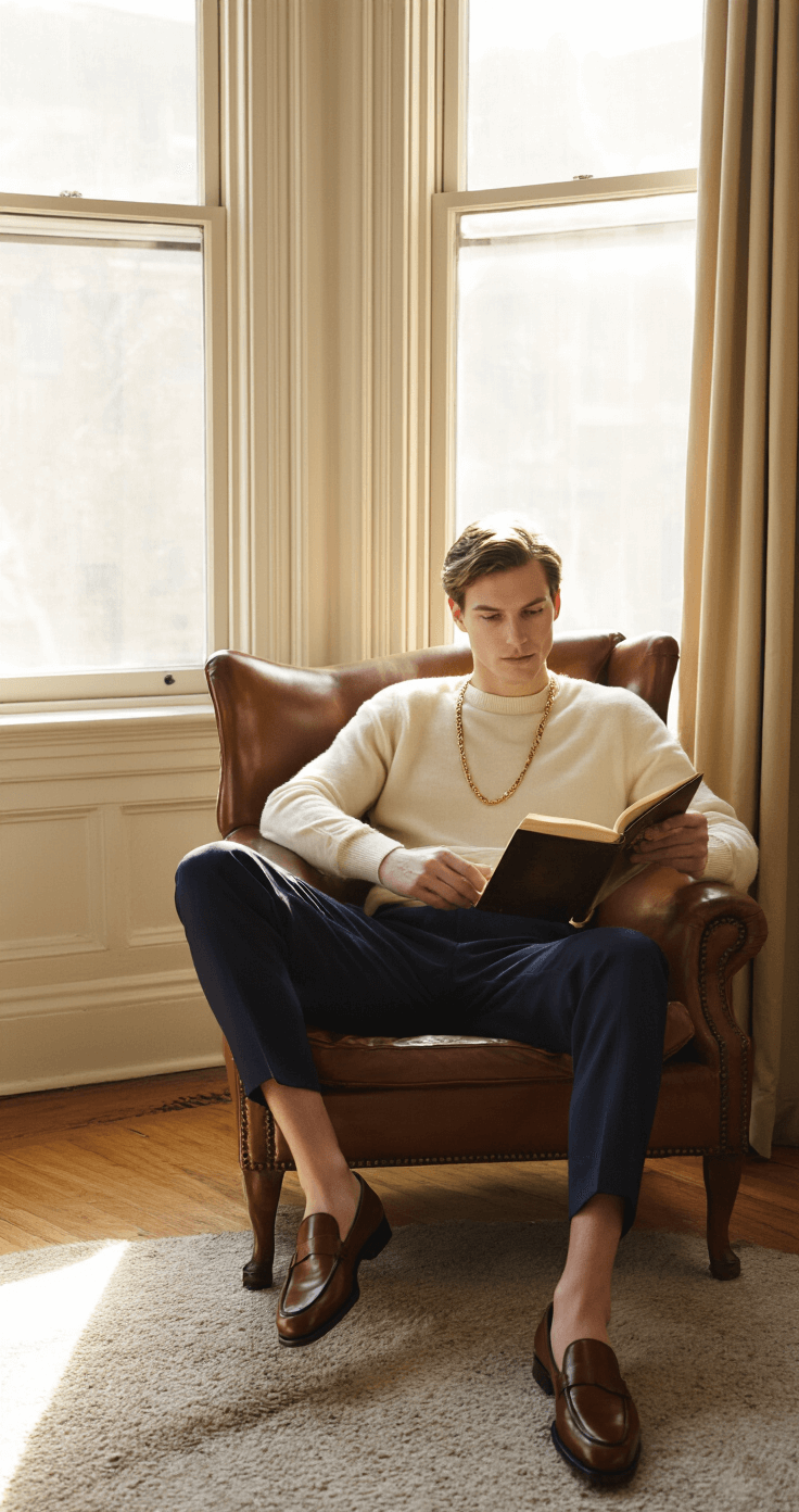 A model in a cream cashmere crew neck and navy wool trousers sits in a leather armchair, reading by a sunlit window in a Georgetown townhouse, with a vintage gold chain visible around the neck, warm light highlighting the luxurious textures of the scene.