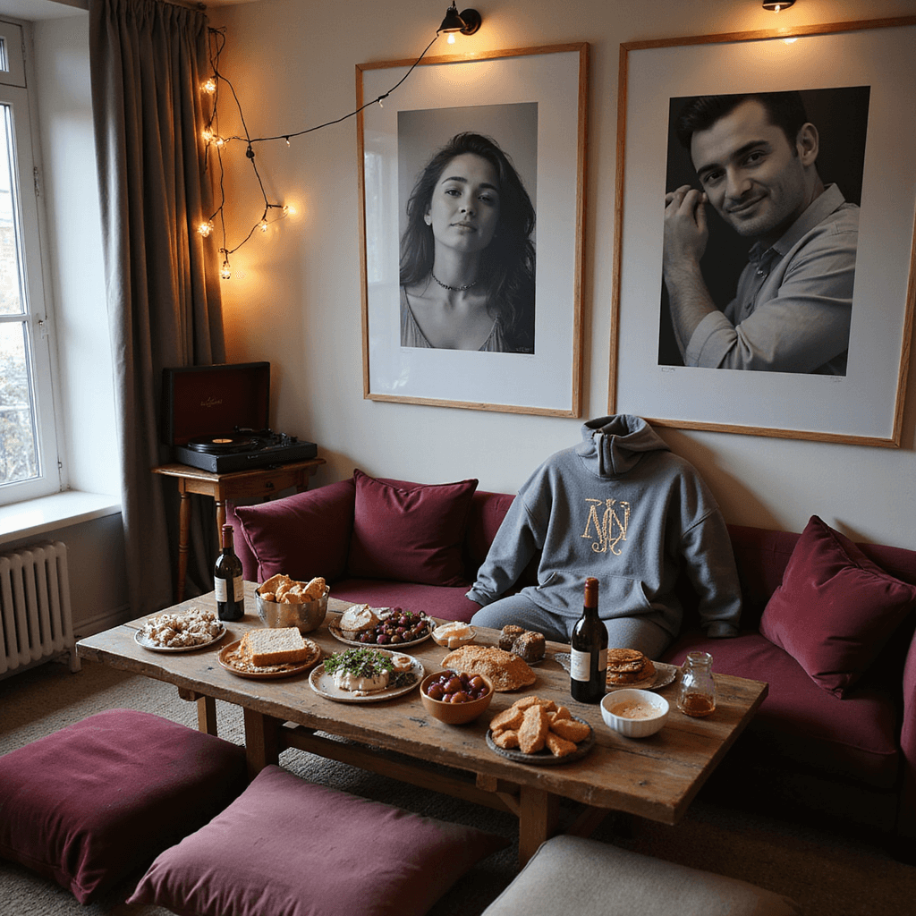 A cozy modern apartment set for an anniversary celebration, featuring a low table with a Roman numeral hoodie and a gourmet picnic spread, surrounded by plush jewel-toned cushions, warm copper string lights, black and white photos of the couple, and a record player.