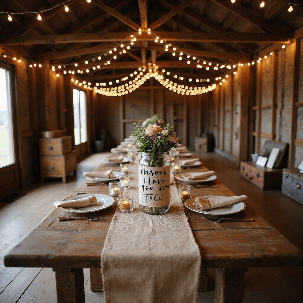 Cozy anniversary dinner setup in a rustic barn interior, featuring a long farmhouse table with a burlap runner, mason jar candle holders, wildflower centerpieces, and a 'Reasons I Love You' jar filled with paper scrolls, illuminated by fairy lights above. Vintage suitcases add charm to the intimate atmosphere.