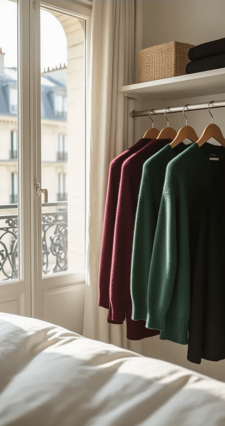 Bright natural light illuminates a Parisian apartment's master bedroom, highlighting a close-up of a capsule wardrobe rack showcasing forest green cashmere, rich burgundy wool, and classic black garments, emphasizing quality fabrics and impeccable construction details.
