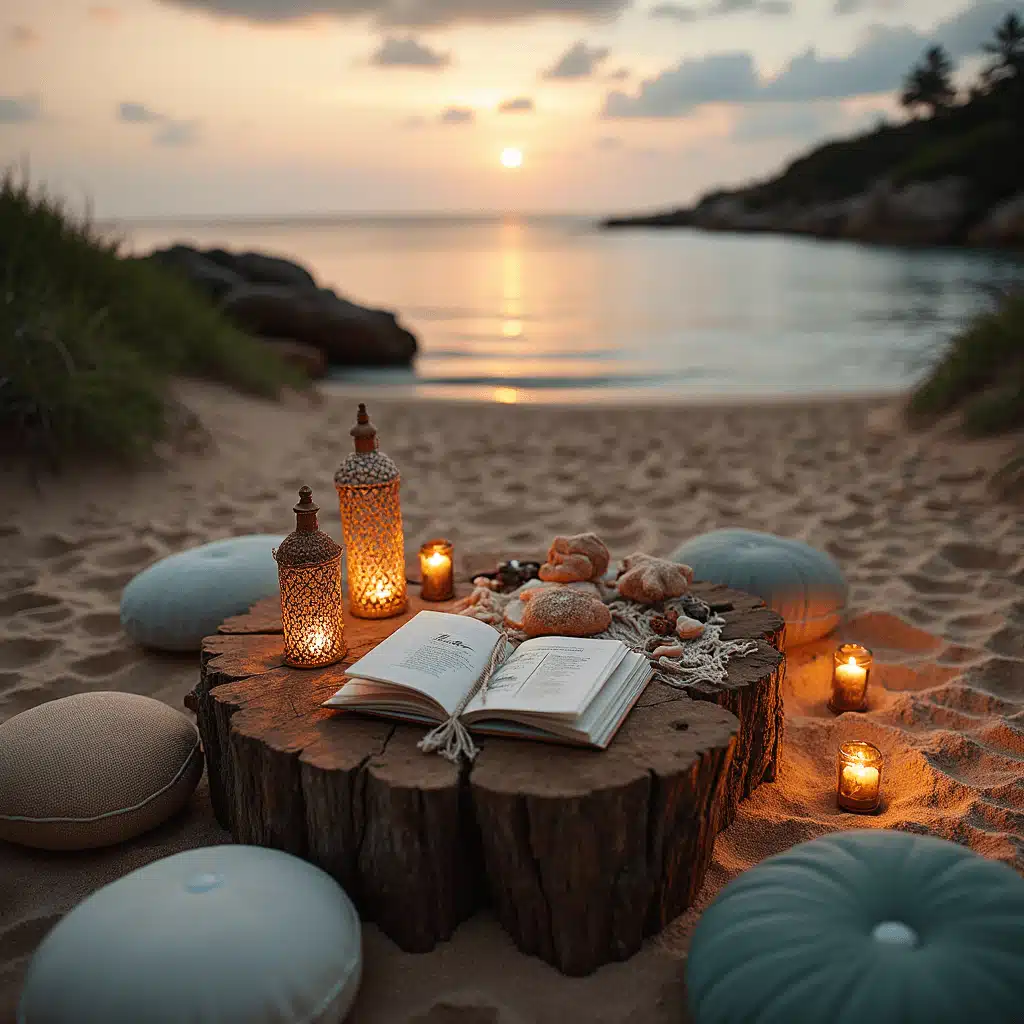 A romantic beachfront picnic setup at twilight, featuring a driftwood table with a macramé runner, lanterns, seashells, an open scrapbook, plush floor pillows, and tiki torches leading to a 'Happy Anniversary' message in the sand as the sun sets.