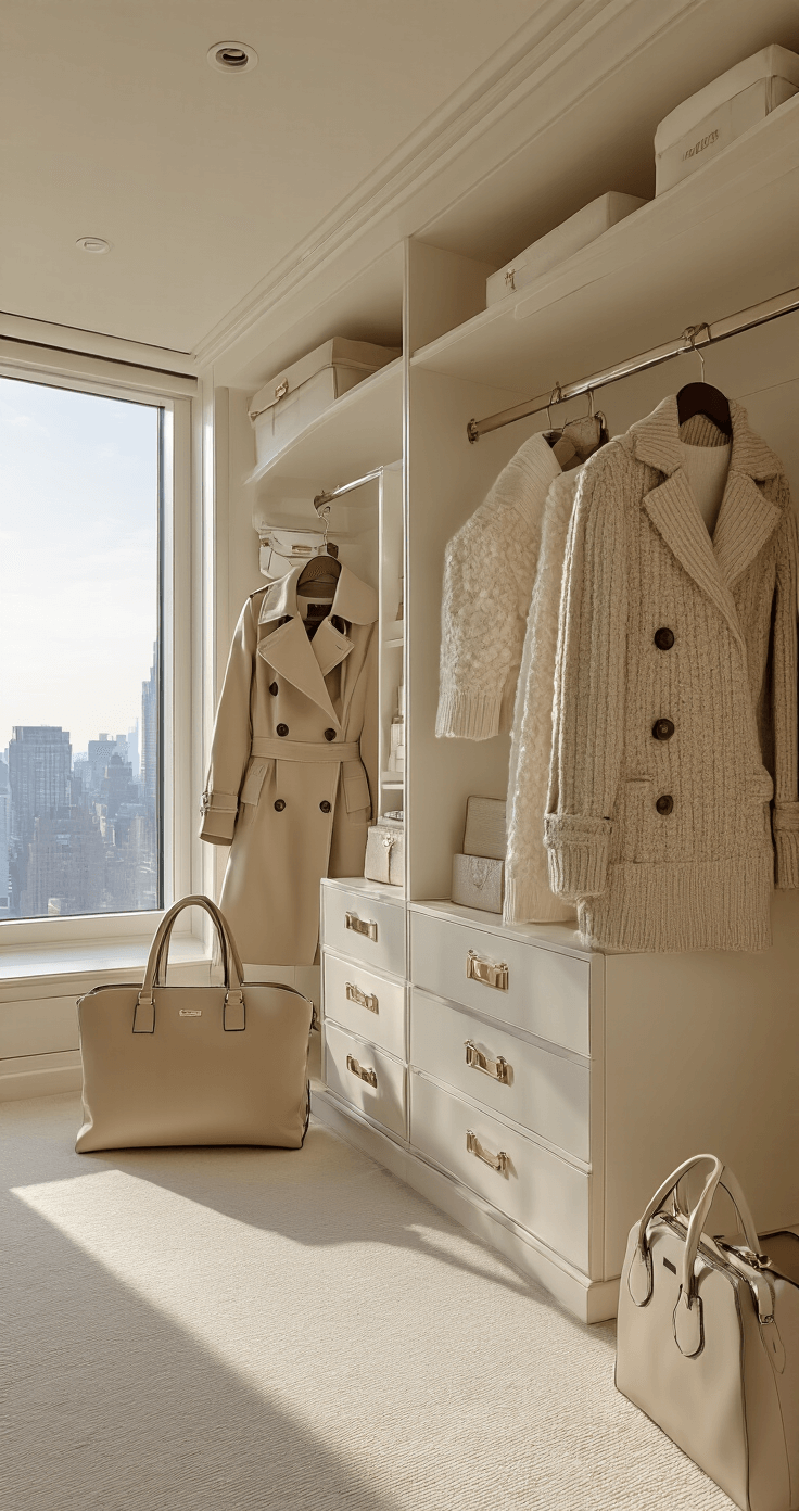 A wide shot of a luxurious Manhattan penthouse dressing room bathed in late afternoon light, showcasing perfectly organized designer fashion pieces in a sophisticated neutral palette, including a Burberry trench, Loro Piana sweaters, and Celine bags, emphasizing shapes, quality, and timeless design.