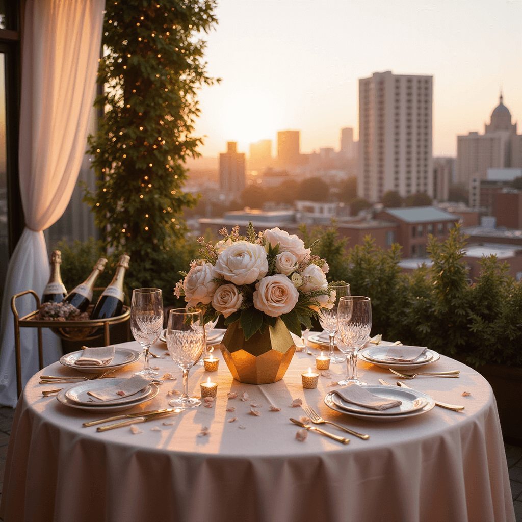 Anniversary Wishes for Your Husband: Love Notes That Melt Hearts A luxurious rooftop terrace at golden hour, featuring an intimate anniversary setup with twinkling fairy lights, sheer drapery, a beautifully arranged table with crystal stemware, fine china, gold flatware, and a floral centerpiece of pink peonies and ivory roses, surrounded by rose petals and candles, with a vintage Champagne cart nearby.