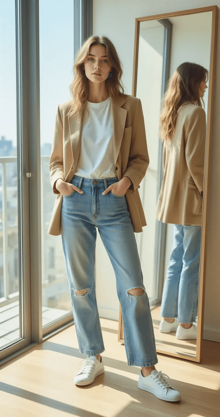 A young woman in a sunlit minimalist studio apartment styles a layered outfit featuring a white t-shirt, vintage pinstripe button-down, and camel blazer, reflected in a full-length mirror with distressed jeans and white sneakers.