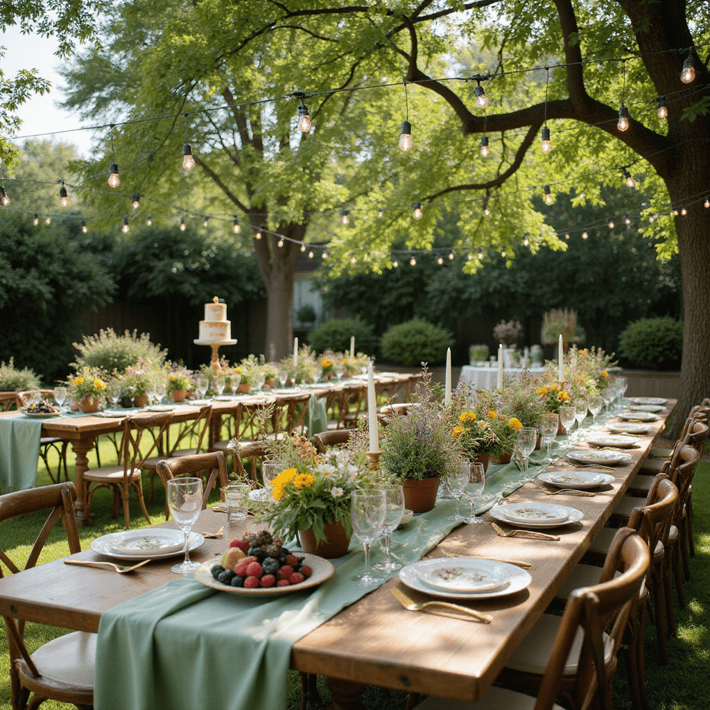 Anniversary Wishes for Your Husband: Love Notes That Melt Hearts A whimsical garden party with long wooden tables dressed in sage green linen, vintage pastel china, gold cutlery, and crystal goblets, surrounded by lush wildflower centerpieces and Edison bulb lights, featuring a dessert station with a naked cake topped with berries and edible flowers, all bathed in dappled afternoon sunlight.