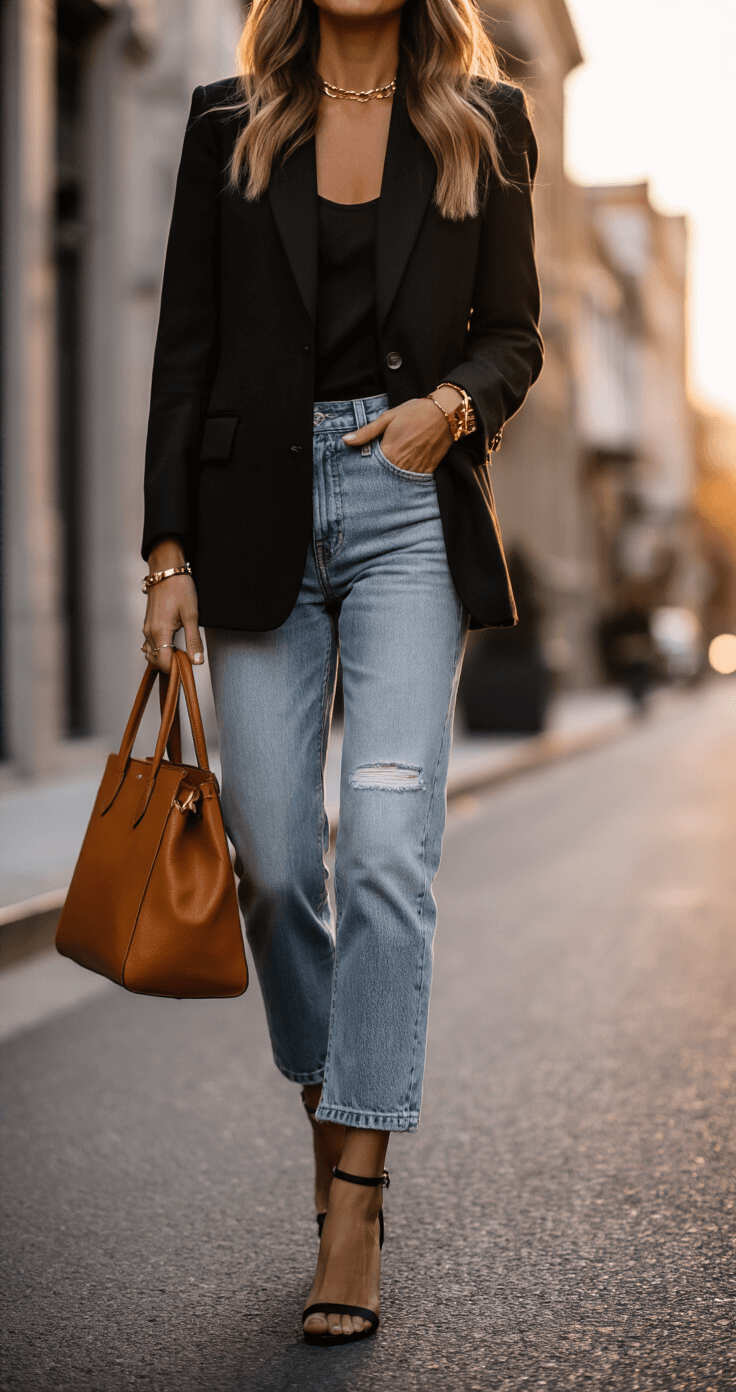A fashion blogger in a black designer blazer and light wash mom jeans walks through an upscale neighborhood during golden hour, showcasing a vintage cognac leather tote and gold accessories, with warm light highlighting the textures of her outfit.
