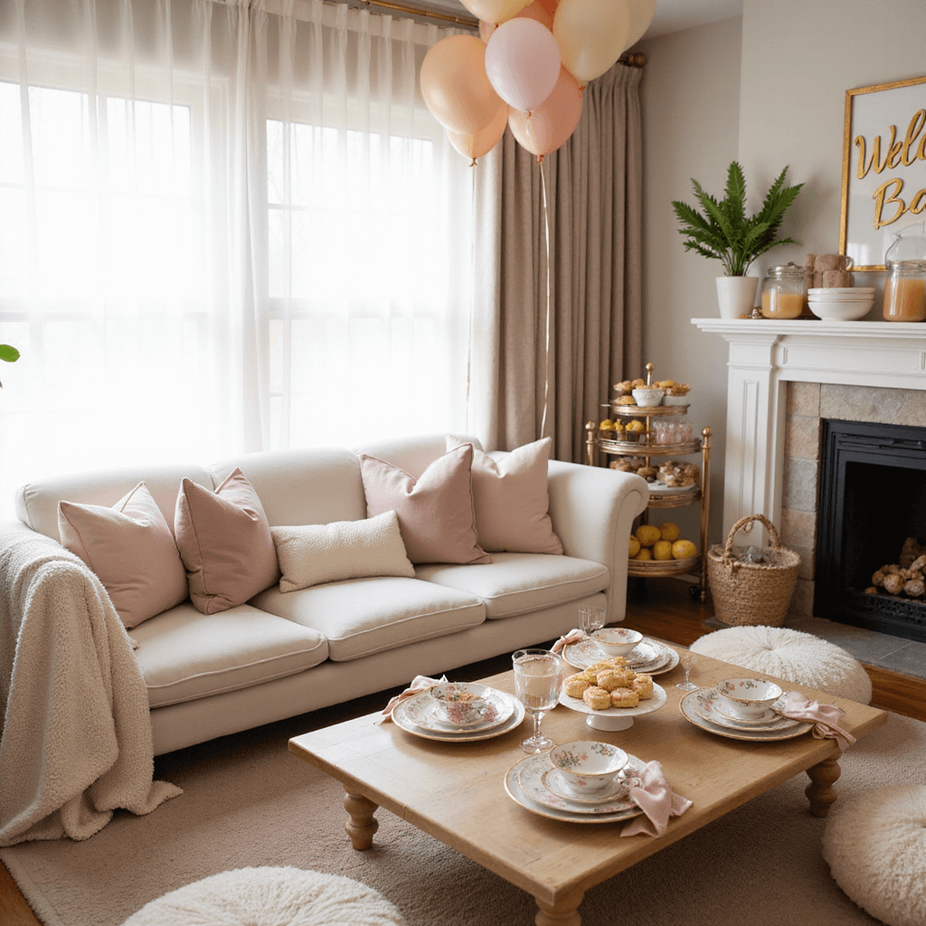 Anniversary Wishes for Your Husband: Love Notes That Melt Hearts A cozy living room set up for a baby shower brunch, featuring soft morning light, a low coffee table with floral china, gold-rimmed glassware, and pastel floor cushions. The table displays a tiered cake stand with petit fours and macarons, alongside a bar cart with mimosa ingredients. Clusters of balloons and a 'Welcome Baby' banner add to the warm, inviting atmosphere.