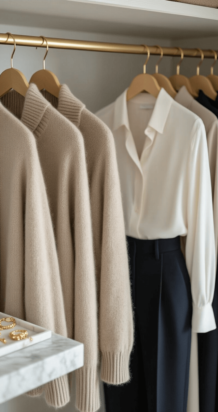 Bright, airy walk-in closet showcasing organized neutral clothing items including a beige cashmere sweater, white silk blouse, navy wool coat, and black tailored trousers, with gold-tone jewelry on a marble tray, all illuminated by natural daylight highlighting fabric textures in a detailed overhead shot.