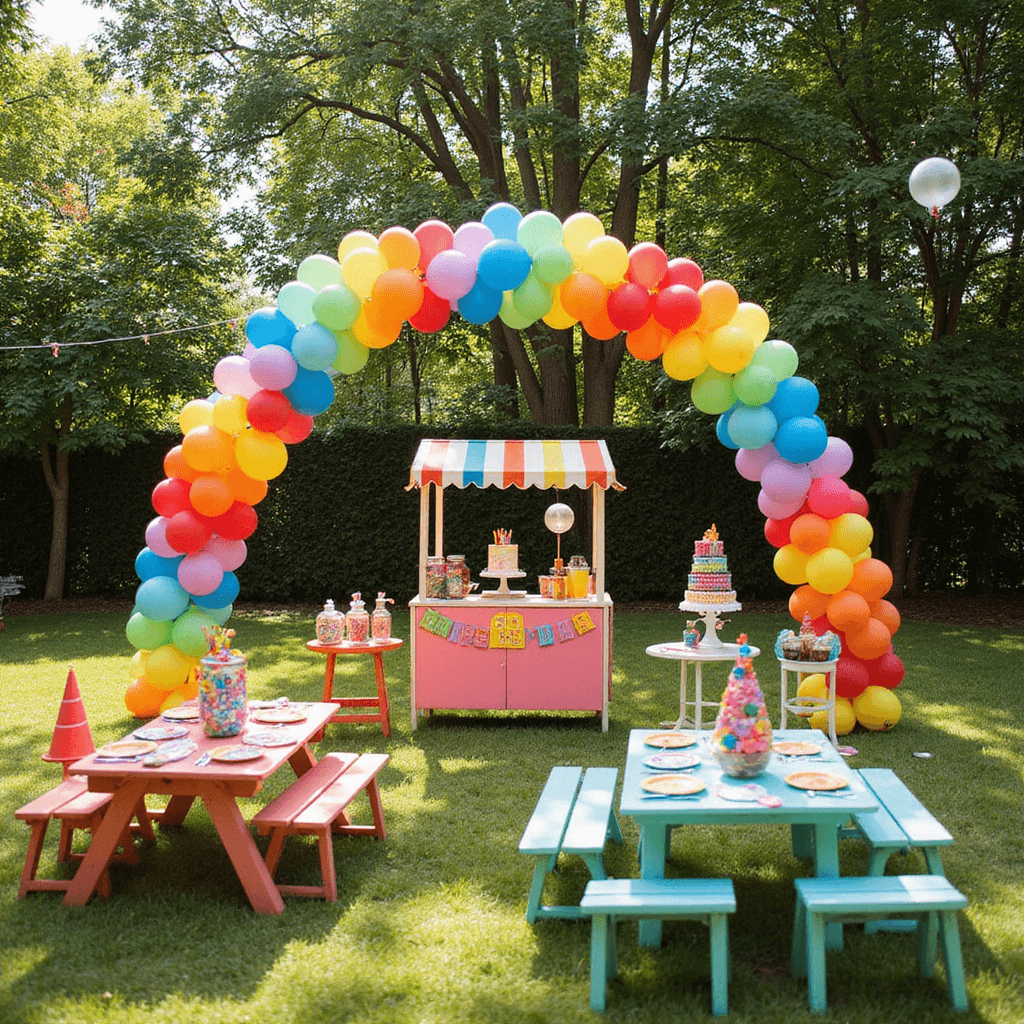 Anniversary Wishes for Your Husband: Love Notes That Melt Hearts A vibrant children's birthday party in a sunlit backyard featuring a colorful balloon arch, picnic area with low tables and chairs, playful place settings in primary colors, a DIY lemonade stand, a topsy-turvy rainbow cake, candy jars, personalized cookies, lawn games, and a bubble station, all captured from a slightly elevated angle.