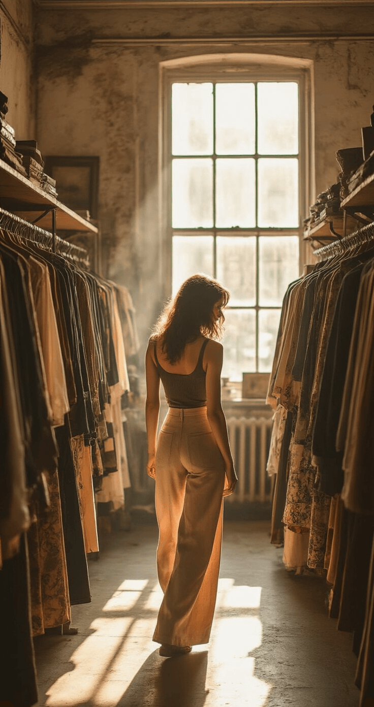A fashionable woman with a thrifted silk scarf browses vintage clothing in a warmly lit store, showcasing high-waist wide-leg trousers and a fitted ribbed tank, surrounded by curated second-hand treasures.