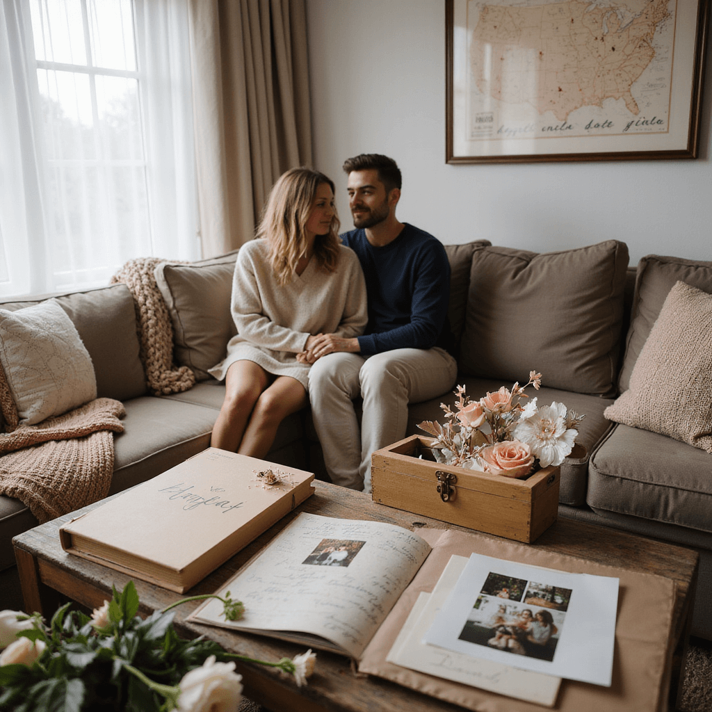 One Year Anniversary Gift Ideas for Him: Making Your First Milestone Unforgettable A cozy living room with soft morning light, featuring a couple on a velvet sofa surrounded by anniversary gifts, a wooden box of love notes, an open photo album, and a mantle adorned with paper flowers and a framed star map. Textured pillows and a knit blanket enhance the intimate atmosphere.