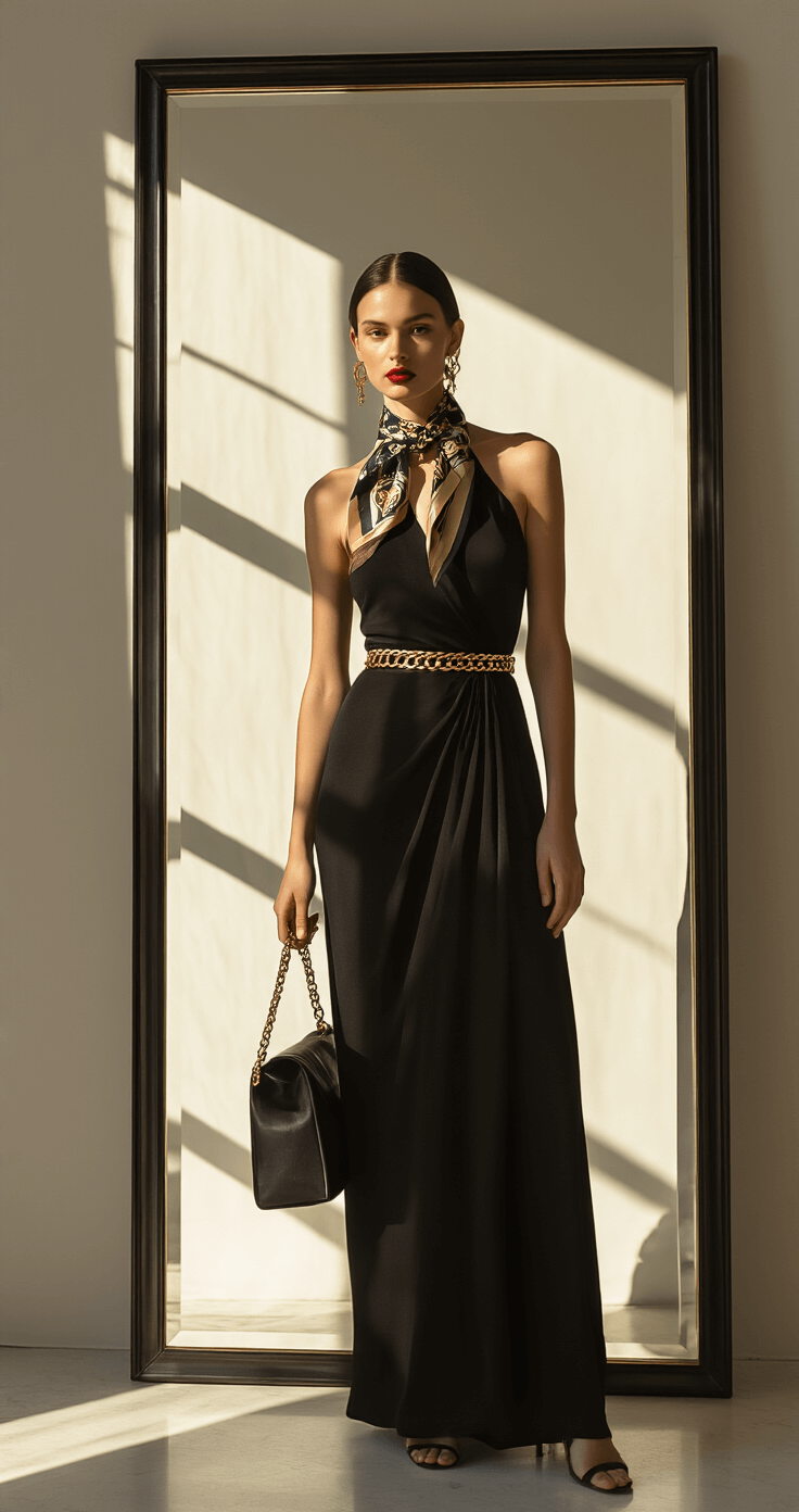 A modern bedroom with afternoon sunlight casting dramatic shadows, featuring a person in a simple black dress styled with a vintage Hermès scarf, gold-tone chain belt, and structured leather clutch, captured in a fashion editorial style.