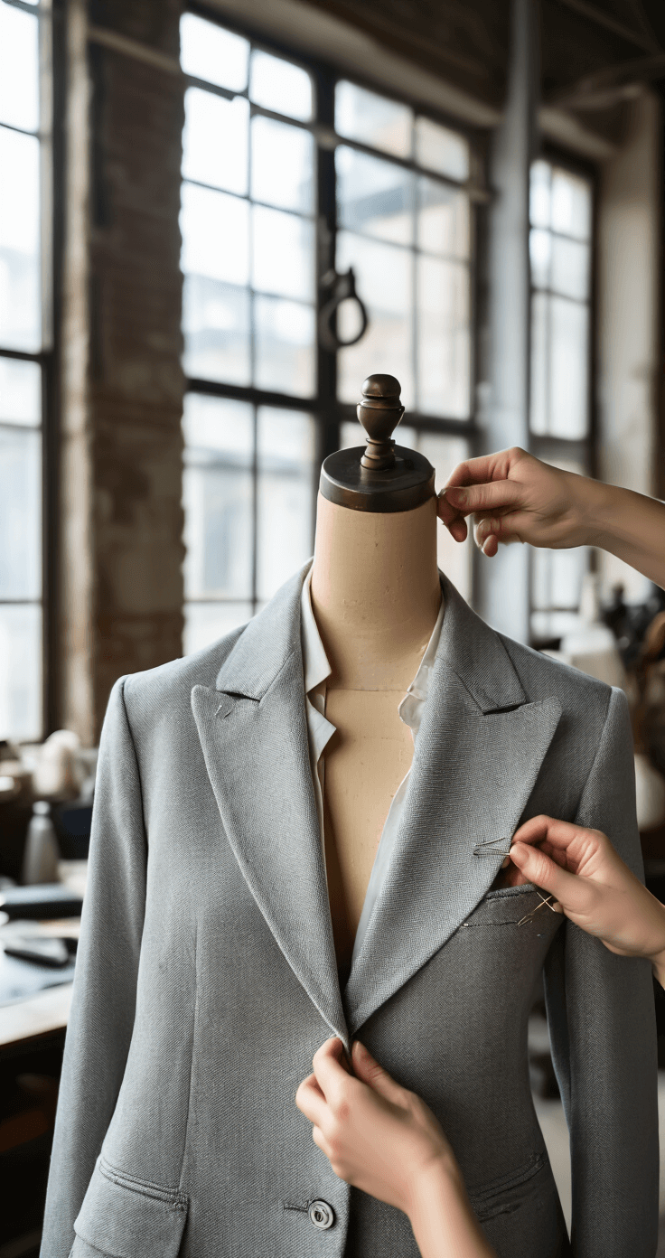 Close-up of a woman fitting a blazer in a sleek tailor's studio with industrial elements, featuring pins for precise adjustments and natural light highlighting fabric texture and craftsmanship.