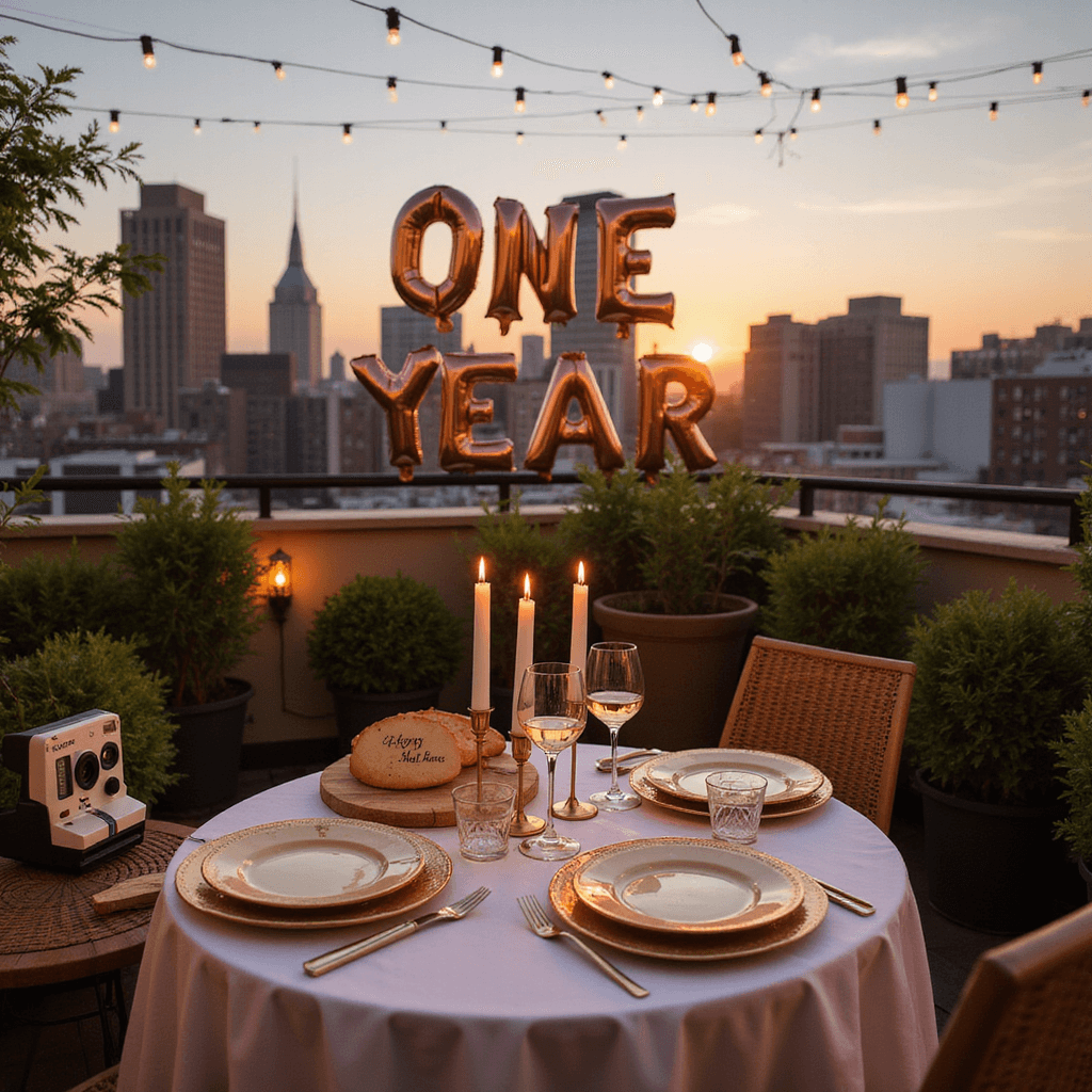 One Year Anniversary Gift Ideas for Him: Making Your First Milestone Unforgettable Elegant rooftop terrace at golden hour with a romantic table for two, string lights overhead, personalized wine glasses, custom cheese board, rose gold balloons spelling 'ONE YEAR', a vintage Polaroid camera, and lush plants amidst flickering lanterns.