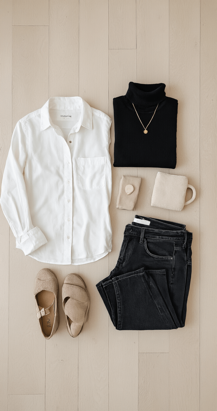 Flat-lay of a cozy home office corner showcasing a capsule wardrobe on a pale wooden floor, featuring a white button-down, black turtleneck, dark jeans, a neutral blazer, and minimal jewelry, under soft, diffused lighting.