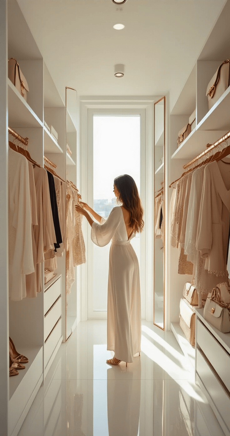 A fashion influencer organizes a curated wardrobe in a sunlit, minimalist dressing room with floor-to-ceiling mirrors, highlighting luxe materials and designer accessories.