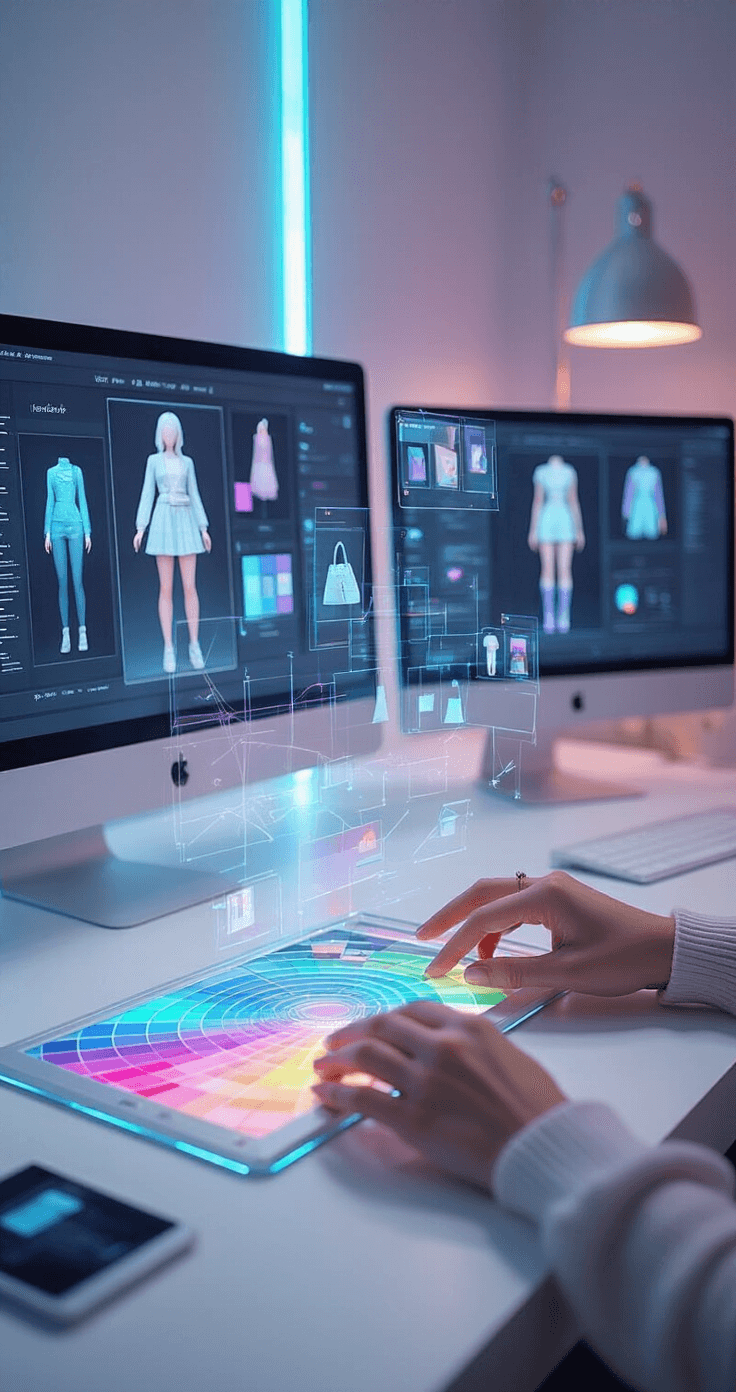 Close-up of hands interacting with a digital color wheel, surrounded by holographic fashion items; an overhead view of a sleek desk with multiple screens displaying Roblox avatar customization in a tech-chic, monochromatic space with metallic and neon accents.