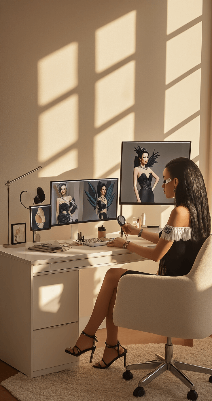A modern bedroom interior bathed in afternoon light, featuring a content creator at a chic vanity photographing her avatar in a stylish monochrome outfit with statement wings. Multiple screens display various angles of the virtual look, and warm lighting enhances the cozy, professional atmosphere. The image is shot from a 45-degree angle, showing both the creator and her setup.